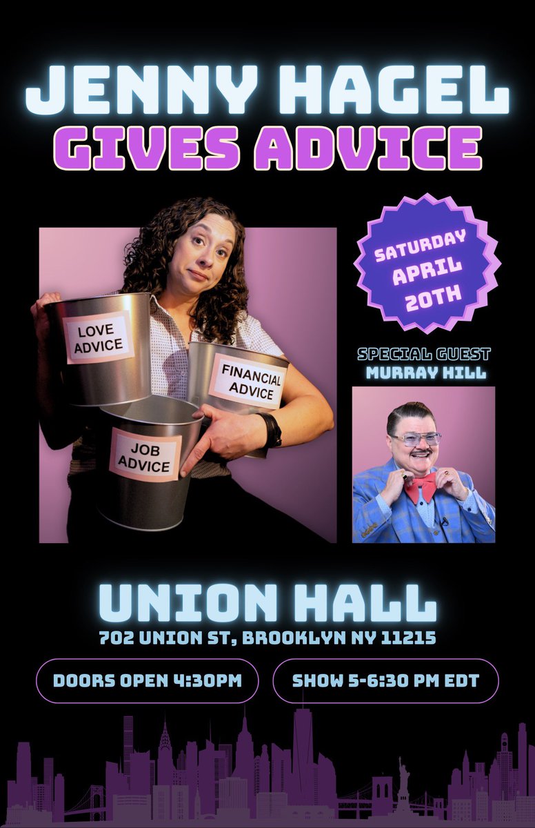Don’t miss out on getting advice from me & Murray Hill THIS Saturday 4/20 at @UnionHallNY ! Ticket link: eventbrite.com/e/jenny-hagel-…