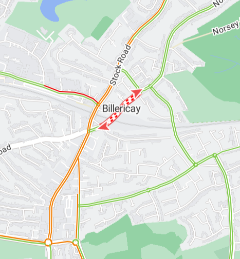 Billericay - slow moving traffic on the High Street between Sun Street and Western Road/Norsey Road