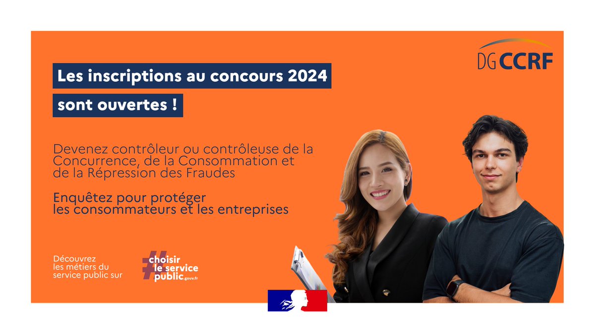 📅 Vous avez jusqu’à la fin du mois pour vous inscrire au concours de contrôleur/contrôleuse de la DGCCRF ! ☑️ Retrouvez toutes les informations sur notre site et inscrivez-vous avant le 30 avril 2024 👉 bit.ly/3UocW34