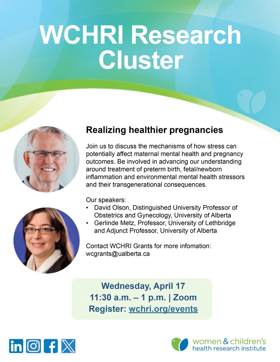 Join us tomorrow April 17 from 11:30 a.m. to 1 p.m. to discuss the mechanisms of how stress can potentially affect maternal mental health and pregnancy outcomes. Learn more: wchri.org/events/calenda…