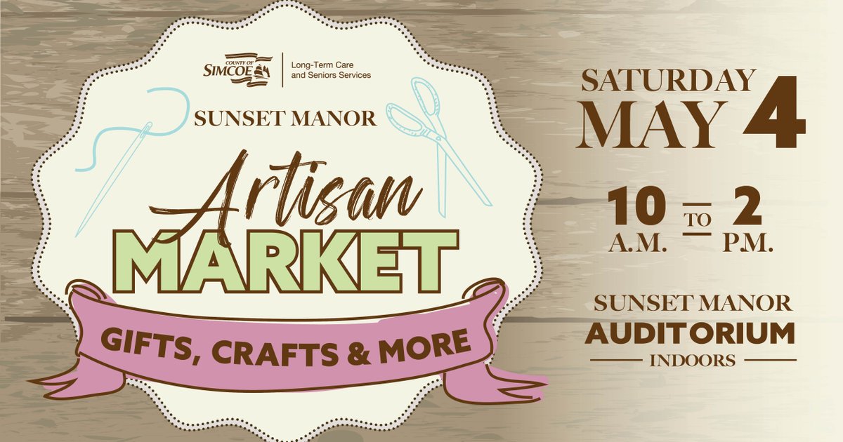 🗓️Mark your calendars for May 4! Join us at #SunsetManor in #Collingwood for a day filled with art, crafts & a unique Artisan Market experience! There’s something for everyone. Plus you'll be showing support for the residents of Sunset Manor & local artists! 💖 See you there!