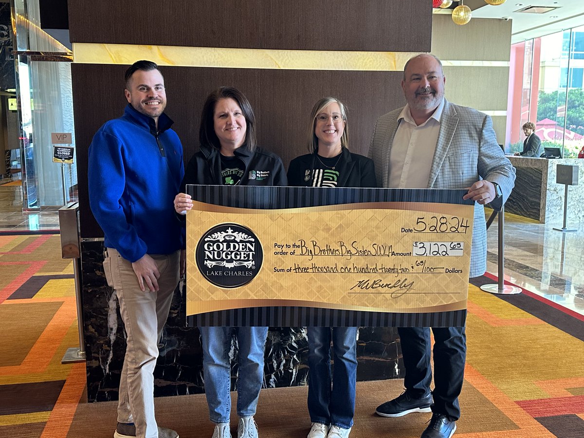 Golden Nugget Lake Charles is proud to support Big Brothers Big Sisters of SWLA. Their mission is to create and support one-to-one mentoring relationships that ignite the power and promise of youth. This donation was made through our Change for Change program. #GoldenNuggetLC