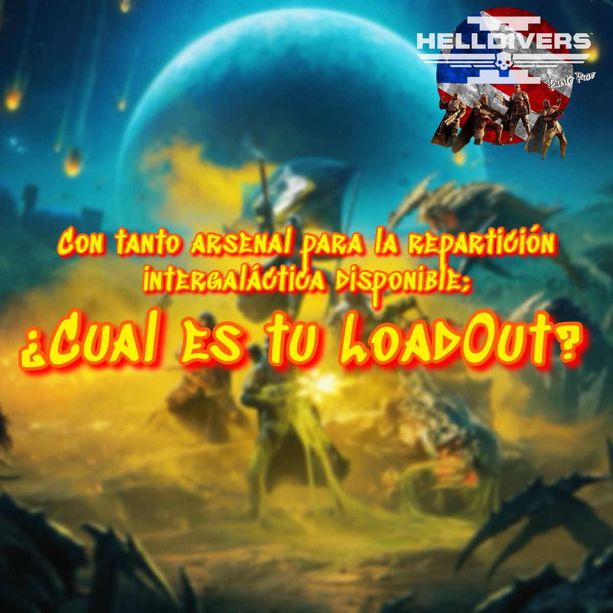 ¡Saludos en nombre de Super Tierra y que la bendición de la Democracia sea con ustedes! Con tanto armamento gracias a los 3 warbonds; ¿Con que loadout les gusta dropear pa’ repartir plomo espacial? Recuerden que tenemos #Discord : discord.gg/m6jDXfQN #HelldiversPR🇵🇷