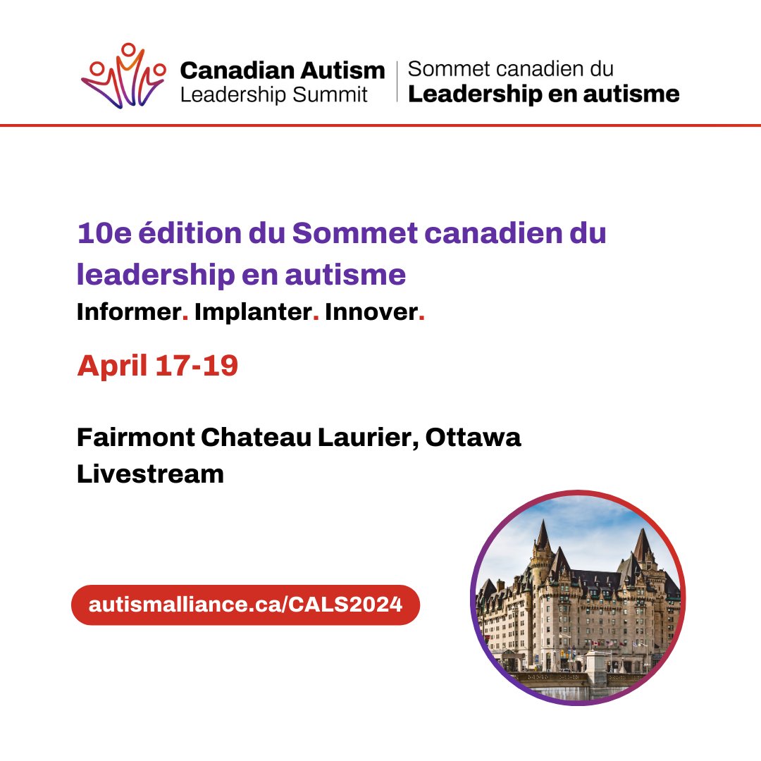 We are thrilled to support #CALS2024 on April 17 to 19, 2024, at the Fairmont Chateau Laurier in Ottawa & livestream.

We look forward to Informing, Implementing, and Innovating together.

🌟 Register: bit.ly/473Dxrv

#Autism #WorldAutismMonth @AllianceAutism