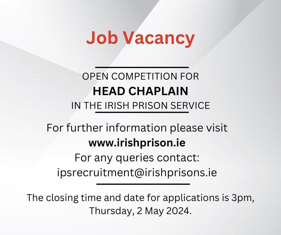 📢@IrishPrisons is now recruiting for Head #Chaplain in the Irish Prison Service. Closing time and date: 3pm, 2nd May 2024. @DioceseKilmore #faith For further information⬇️ irishprisons.ie/open-competiti…
