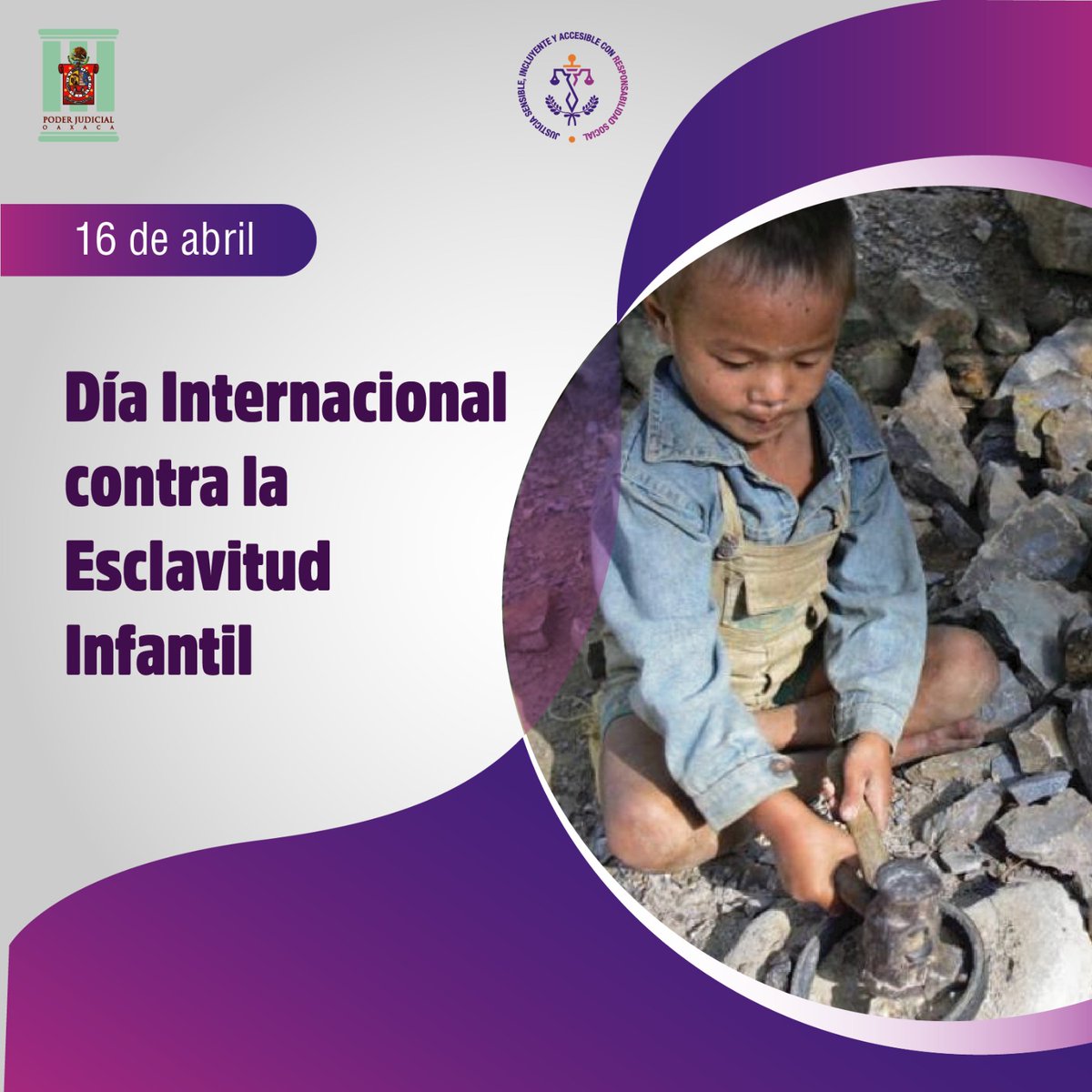 tsjoaxaca's tweet photo. #Hoy conmemoramos el "Día Internacional Contra la Esclavitud Infantil", una realidad que afecta a más de 200 millones de niñas y niños en el mundo. El PJEO refrenda su compromiso en el respeto y cuidado de las NNA. https://t.co/iczfpSzmh3