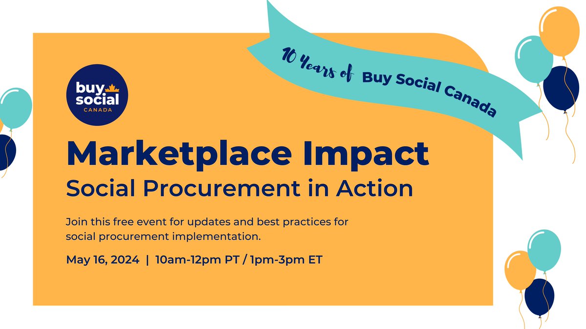Join Buy Social Canada as we share the latest best practices for social procurement implementation at Marketplace Impact: Social Procurement in Action online on May 16 from 10am-12pm PT / 1pm-3pm ET. Learn more and register now: buff.ly/49FGZKY