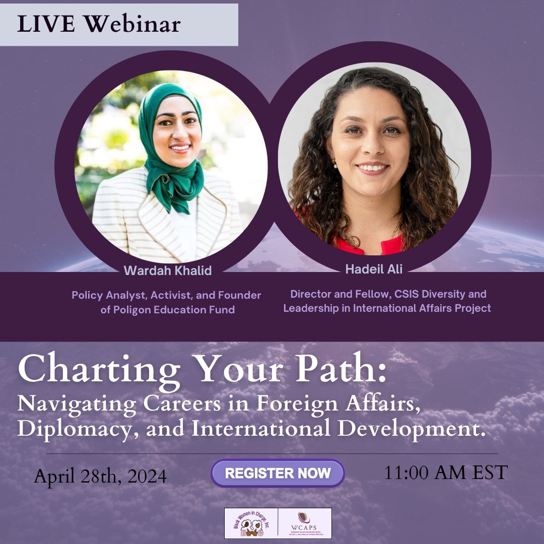 Join us on April 28, 2024 for an enlightening exploration of career trajectories, industry insights, and the crucial role of diversity and inclusion in the dynamic world of Foreign Affairs, Policy, and Global Diplomacy. Register here: bit.ly/49vpVGs #WCAPS #BWC