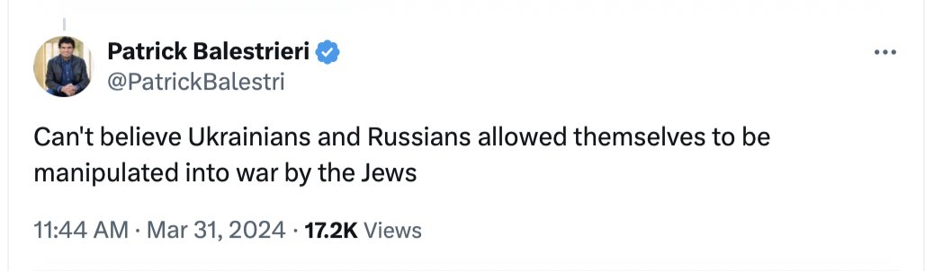 StopAntisemites's tweet photo. Patrick Balestrieri appears to be an executive with @Accenture in the Phoenix, AZ area.

Patrick Balestrieri's antisemitism includes the following:
- taunting a Jewish woman with a photo of Hitler pointing at her
- claiming Jews are the masterminds behind the Russia/Ukraine war
- falsely posting Israel killed the majority of the 1200 people on October 7th vs. Hamas terrorists. 

Continued: