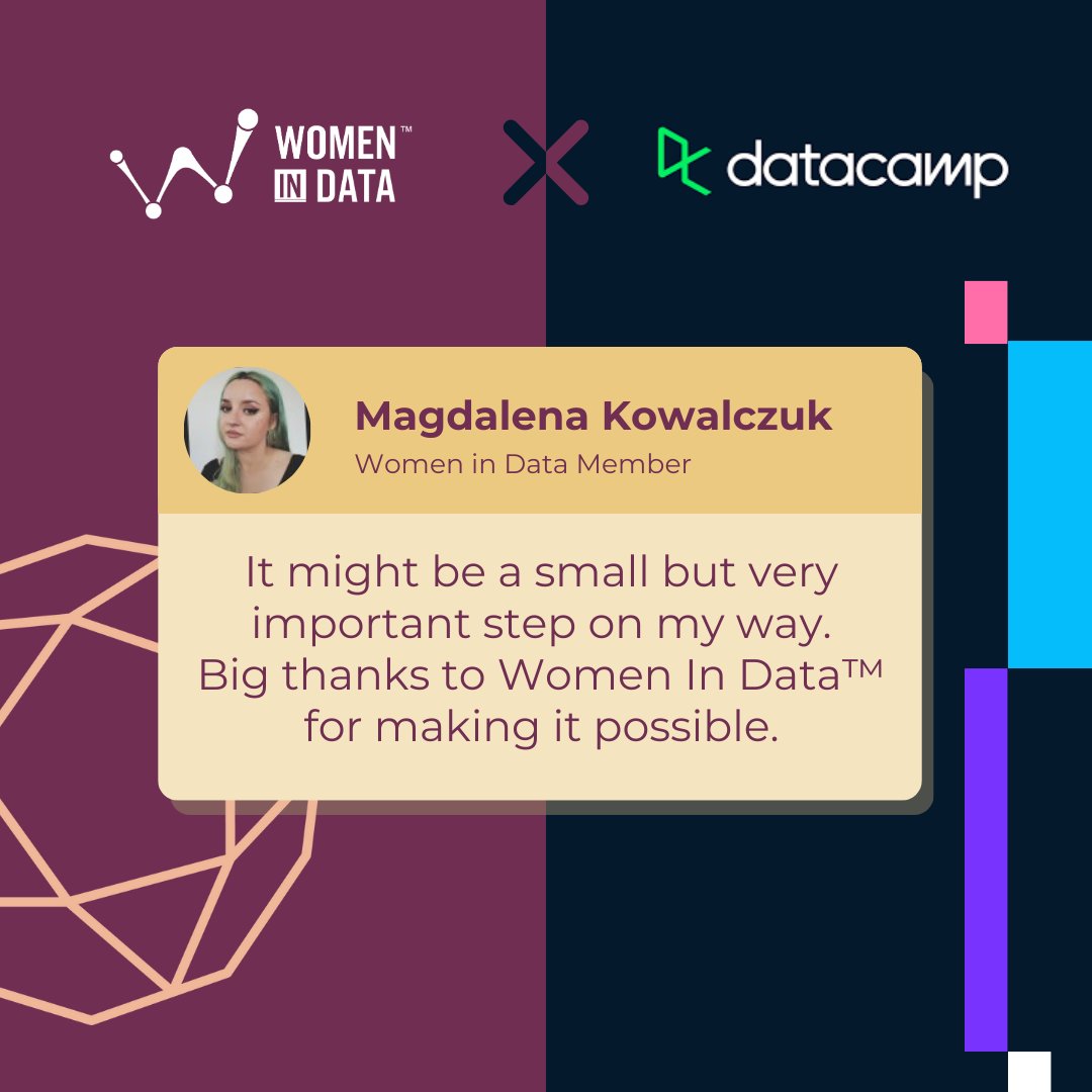 Congratulations Magdalena, on your Data Science/ML Learning Pathways accomplishment! Thanks to our partnership with @DataCamp #DCDonates, members can access the resources they need to develop their skills and advance their careers. #WomenInData #DataCamp #CareerGrowth