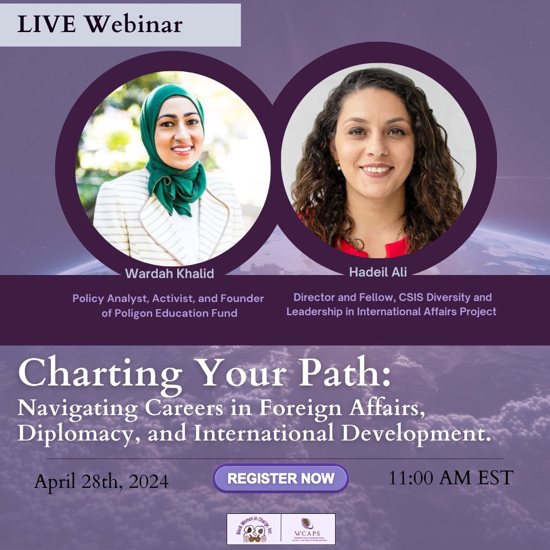 Join us on April 28, 2024 for an enlightening exploration of career trajectories, industry insights, and the crucial role of diversity and inclusion in the dynamic world of Foreign Affairs, Policy, and Global Diplomacy. 

Register here: bit.ly/49vpVGs

#WCAPS #BWC