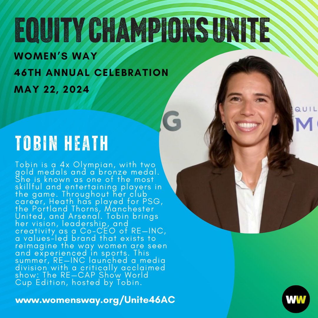 2x World Cup Champion for the U.S. Women’s National Soccer team, an equal pay trailblazer, and the Co-Founder and Co-CEO of RE—INC, get to know more about one of our 2024 Lucretia Mott Honorees, Tobin Heath: womensway.org/Unite46AC #EquityChampionsUnite