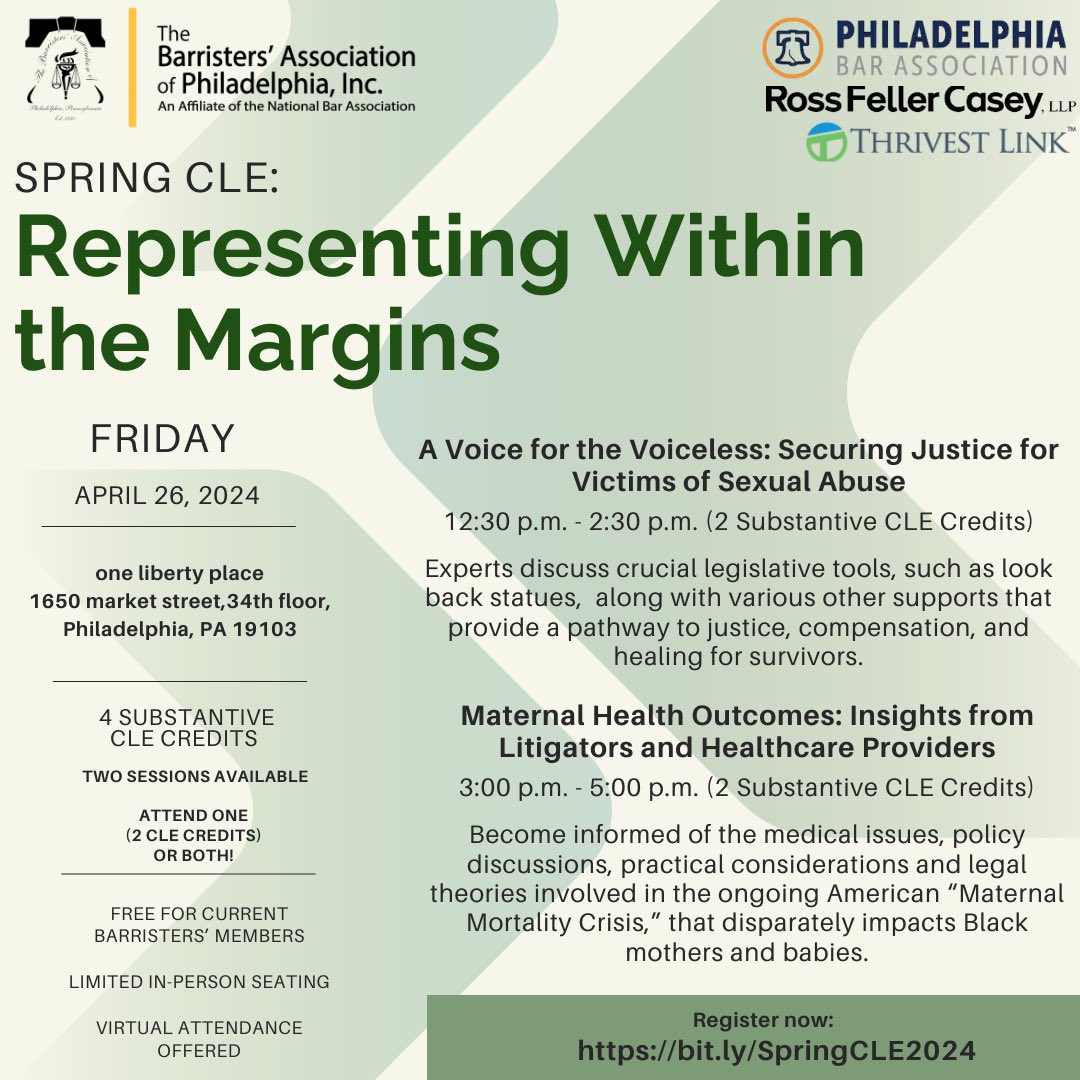 Spring Training 2024 w/ the Barristers! On April 26 join @BarristersPHL for our spring CLE series. In partnership with the @PhilaBar and hosted by @RossFellerCasey, our spring CLE series is sponsored by @ThrivestLink Learn more and register at: lnkd.in/escTFyAF