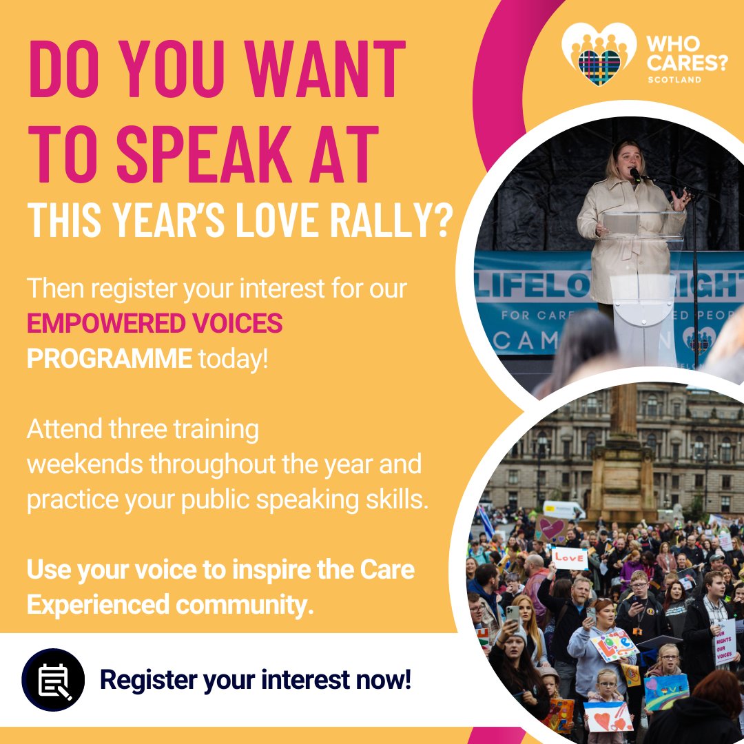We want to help Care Experienced people use their voices. That's why we created our Empowered Voices Programme to share vital public speaking and campaigning skills. Interested? Find out more and register your interest at whocaresscotland.org/event/empowere…