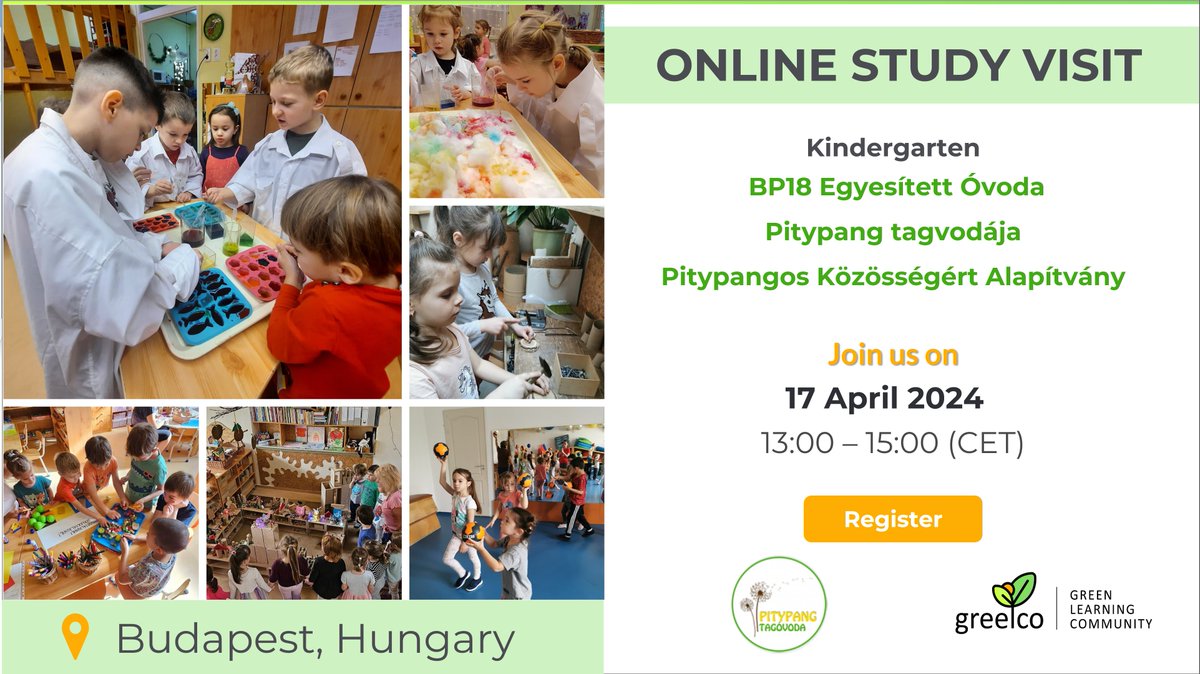 📣 Happening tomorrow! 17 April 2024 | 13:00 – 15:00 Join a #GREELCO Study Visit to learn from teachers at #Kindergarten Pitypangos in Budapest about inspiring children’s imaginations and independence. ✍️Sign up for the Study Visit: greelco.eu/study-visits/