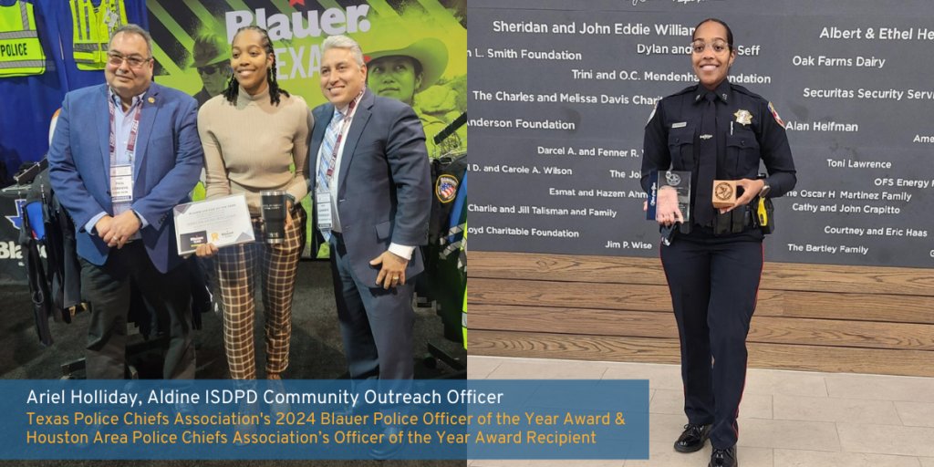 🎉🏆 Officer Ariel Holliday shines bright as she's honored with both TPCA and HAPCA Officer of the Year Awards! 🌟👮‍♀️ Read all about her remarkable achievement here:shorturl.at/HNOW6 #MyAldine