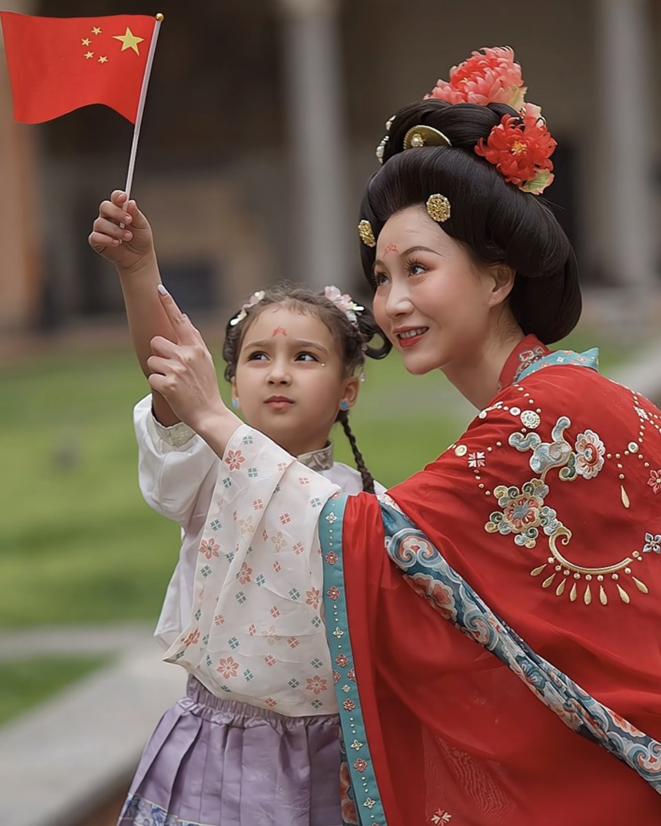 On the streets of #Milan, #Italy, blogger Huohuohuo dressed in #Tangdynasty-style #Hanfu was enthusiastically asked by travelers to take photos with them. She proudly held up the Five-star Red Flag，introducing Chinese traditional clothing Hanfu. (via.Huohuohuohuozaiyidali)