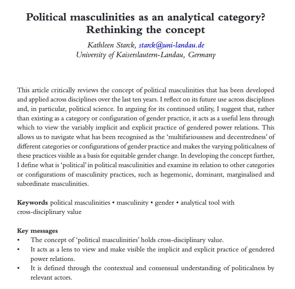 🚨NEW PAPER🚨

Interested in political masculinities? 

Kathleen Starck takes stock of the state of the art in the literature on the question of political masculinity in a new review article 📰🖇️

📖 Read it here: ow.ly/2nT450RgxTm