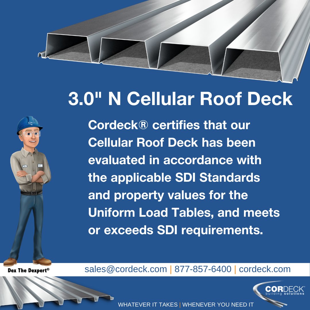 At Cordeck®, our Cellular Roof Deck products serve as the structural substrate in roof construction.👷‍♂️
 
cordeck.com/metal-decking/…
 
Whatever it takes | Whenever you need it
sales@cordeck.com | 877-857-6400 | cordeck.com
 
#roofingmetal #deckcomposite #roofingtin