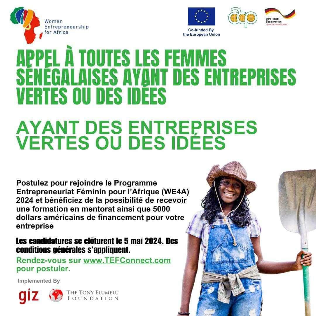 Je partage🚨
🎯Vous êtes une femme entrepreneure ou porteuse de projet? 
Ne manquez pas cette opportunité: bénéficiez d'un accompagnement complet et d'une subvention de 5 000 dollars pour le développement de vos activités.
RDV sur TEFConnect.com avant le 05 mai 2024!