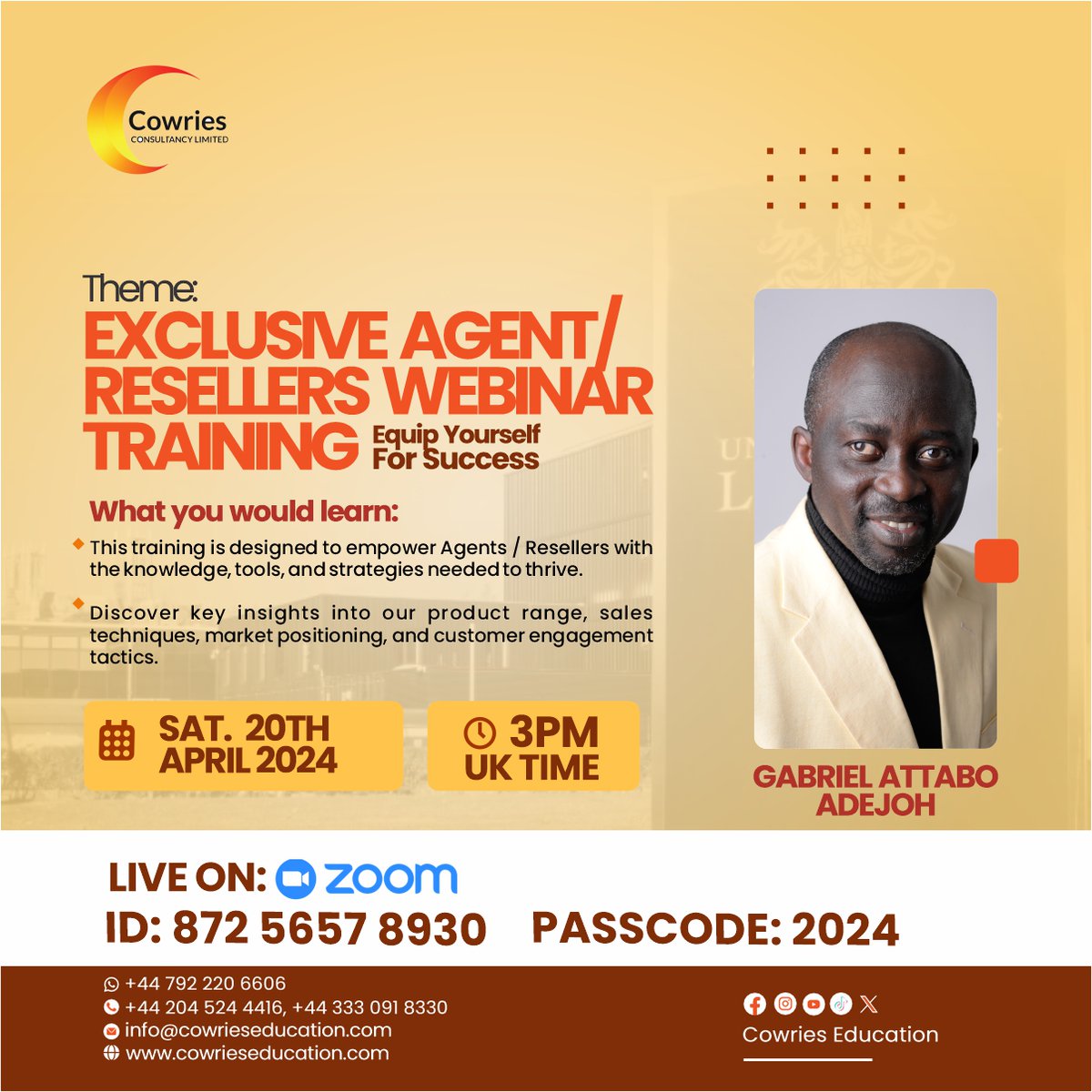 Mark your calendars and Join 👉Registration Link: bit.ly/cowries-event Don’t miss this opportunity. #AgentTraining #ResellerSuccess #FreeWebinar #SalesSuccess #ProfessionalGrowth #CowriesConsultancy #BusinessOpportunity #SuccessTraining #BusinessSkills #AprilWebinars