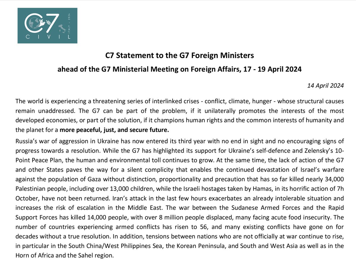 📢Ahead of the G7 Foreign Ministers’ Meeting in Capri on 17-19 April 2024, Civil7 have released a statement urging the G7 Foreign Ministers to take concrete actions in advancing human rights and global well-being for a peaceful, just, and secure future👇 icvanetwork.org/resource/c7-st…