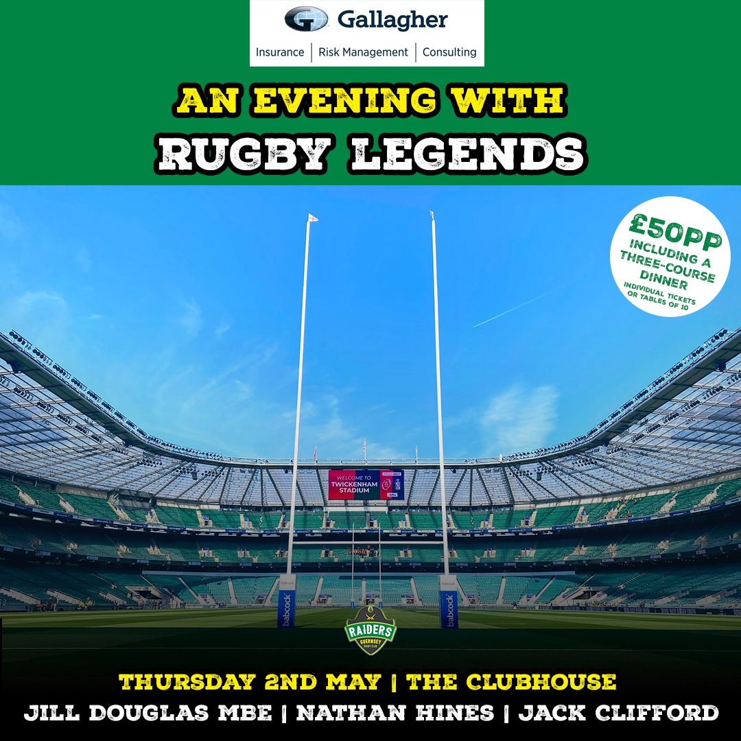 🌟 | Join us for an unforgettable evening as we welcome Jill Douglas MBE, Nathan Hines and Jack Clifford to the Guernsey.

Thank you to our sponsor Gallagher, who have kindly sponsored and supported this event. 

✉️| £50pp, find out more: Sponsorship@GuernseyRaiders.com