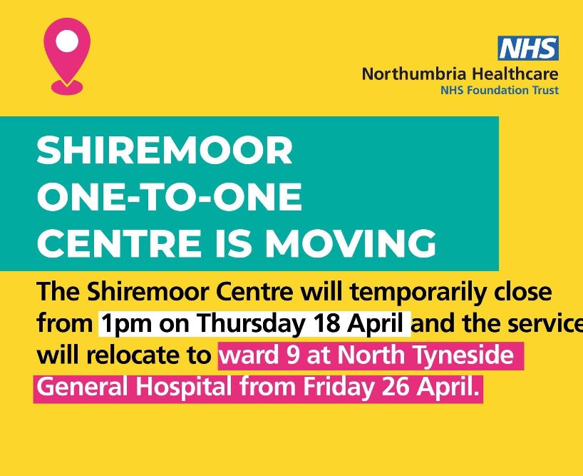 The Shiremoor One to One Centre will temporarily close from Thursday 18th and reopen Friday 26th April at Ward 9, North Tyneside General Hospital 📍 The other outreach clinics in Howdon and Dudley will be operating as normal. More info here 🔗 northumbria.nhs.uk/our-services/s… #Care