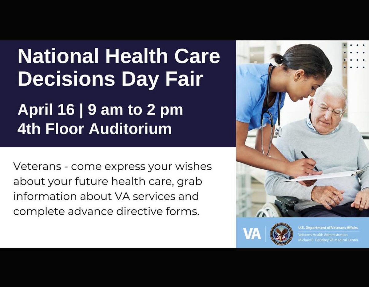VFW8790's tweet photo. Veterans, come express your wishes about your future healthcare, grab information about VA services and complete advance directive forms today at Michael DeBakey VA Hospital 4th floor auditorium. Free food and door prizes! https://t.co/XOAnD7uaMe