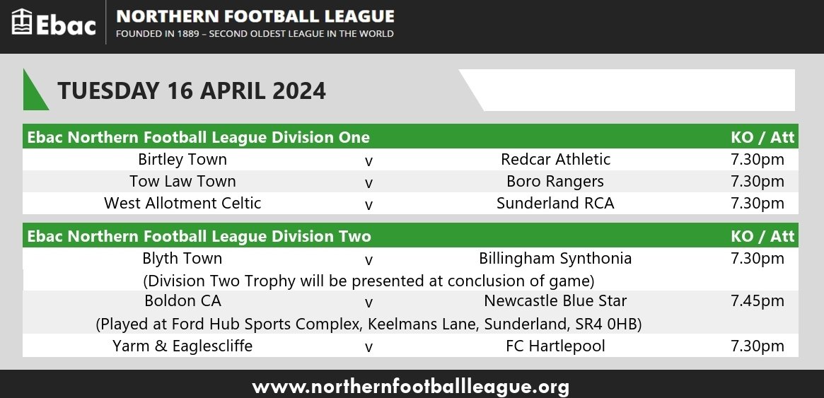 EbacNorthernLge's tweet photo. TUESDAY NIGHT FOOTBALL
Here are this evening's fixtures in the @EbacUK Northern Football League. #ENLMatchday #NorthernLeagueFamily https://t.co/4pIwwUAZXj
