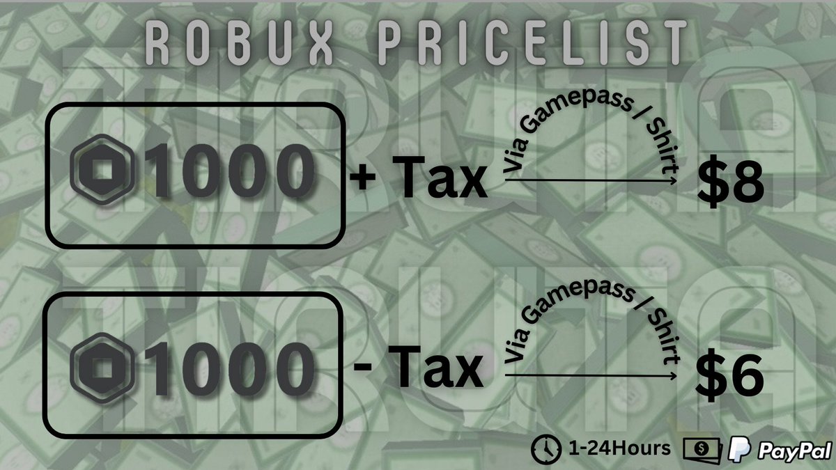 TIRUTA's tweet image. SELLING ROBUX VIA GAMEPASSES
1K WITH TAX $8
1K WITHOUT TAX $6
PAYMENT PAYPAL ONLY
#robux #adoptme #robloxselling #mm2 #royalehigh