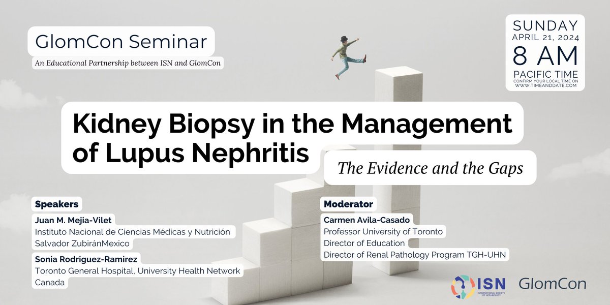 Join GlomCon and @ISNkidneycare this Sunday:

Kidney Biopsy in the Management of Lupus Nephritis: The Evidence and the Gaps by Dr. Juan M. Mejia-Vilet and Dr. Sonia Rodriguez-Ramirez

ID: 875 5077 1266
Passcode 202122

sign up 👉 bit.ly/signup-glomcon

#GlomCon