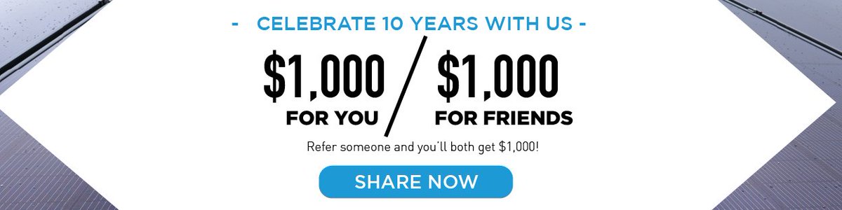 It might be our birthday this week, but YOU get the gifts! 🎁 Refer a friend to Blue Raven Solar this month, and you will both get $1,000. ☀️ blueravensolar.com/referral/
#SolarSavings #ReferralProgram #10yearsandsoaring #10thbirthday