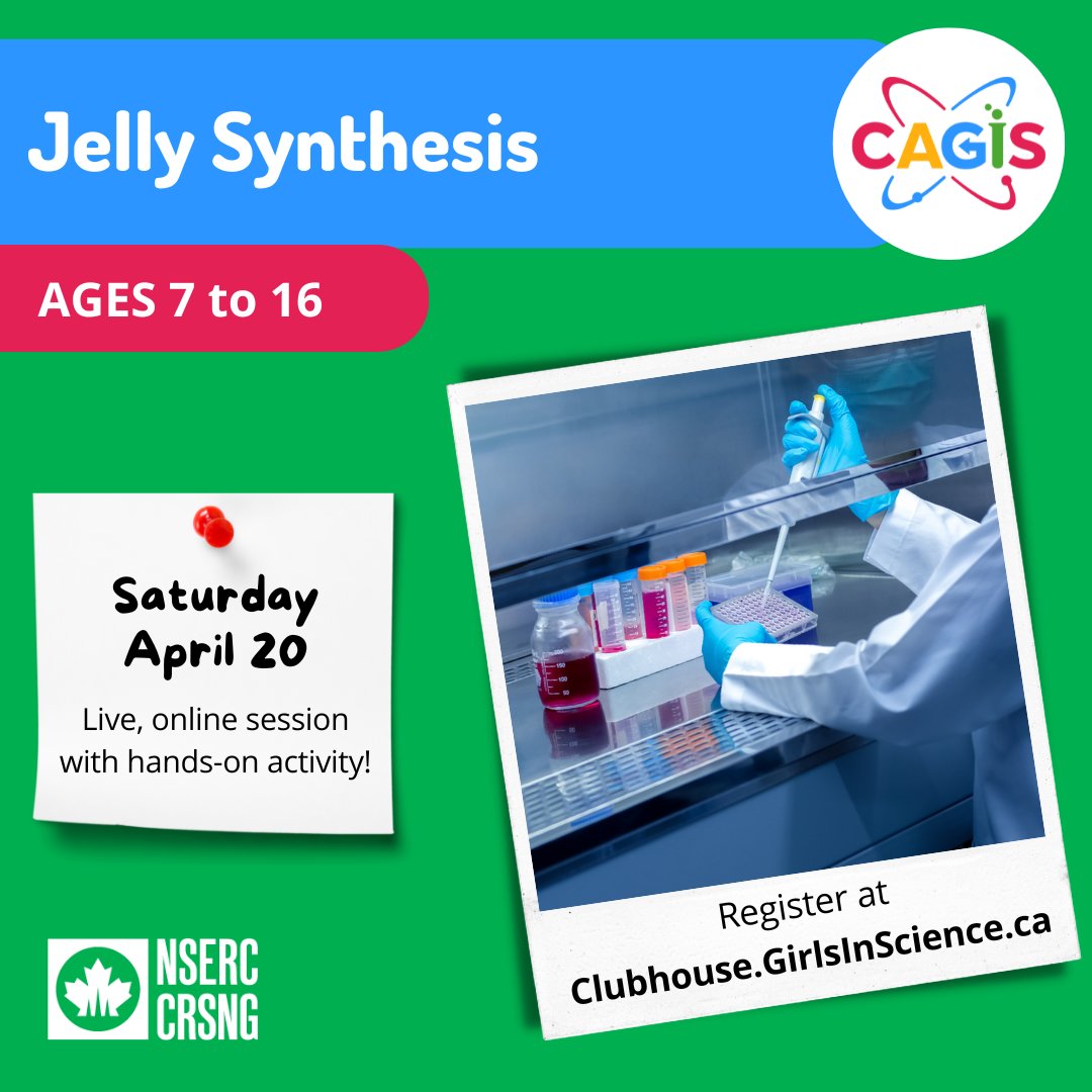 Have you ever heard of a hydrogel? It’s a special material that scientists & engineers are using to revolutionise medicine! In this session, we will create our own gel-like substance with a biomedical engineering researcher 🥽🧪

Register: Clubhouse.GirlsInScience.ca/CAGIS-Virtual

#GirlsInScience