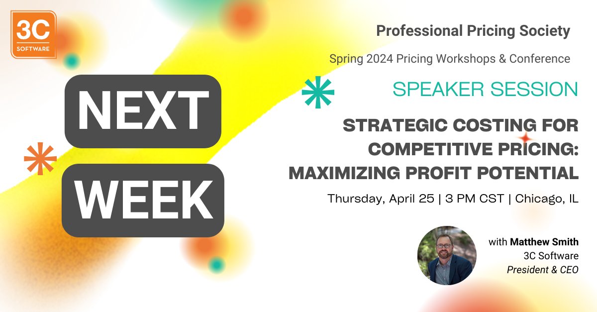 ⏲️ NEXT WEEK!

Thursday, April 25 | 3 PM CST

If you're attending the Professional Pricing Society's Spring 2024 Pricing Workshops & Conference, then you don't want to miss this awesome session!

#pricing #costing #PPSCHI24 #financeleadership