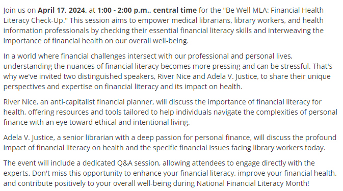 Tomorrow, Weds. 4/17, 1pm CT! Y'all, how am I gonna keep my talk to *only* ~20 min?!? I friggin love to talk about all things money. Free webinar open to #MedLibs and anyone so join us, #LibraryTwitter
Register at mlanet.org/page/be-well-m… #BeWellMLA