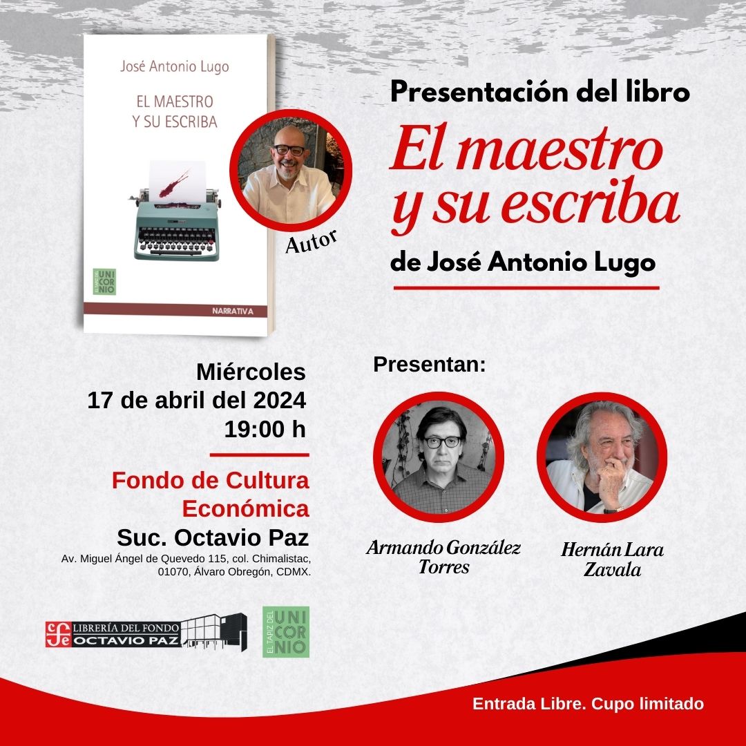 Te esperamos mañana en la presentación de 'El maestro y su escriba' de @JosAntonioLugo. A las 19 hrs en la #LibreríaOctavioPaz.
Participan: Armando González Torres (@Sobreperdonar) y Hernán Lara Zavala. ¡No faltes!

#ElTapizDelUnicornio #RepúblicaDeLectores @LibreriasEducal