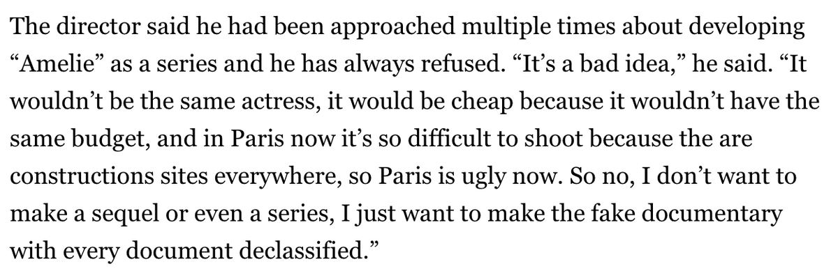 Good example here on how chopping links/dates/context out of posts can mislead people. This post is reacting to a story about the director of 'Amelie' saying Paris is ugly. OP's reaction: Immigration ruined Paris. But! The story is from 2019. It's a write-around of an IndieWire…