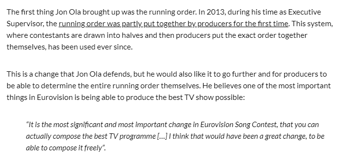 Jon Ola Sand literally said 2.5 years ago that if he could, he would have the producers setting up the entire running order without limitations.

#eurovision #escita