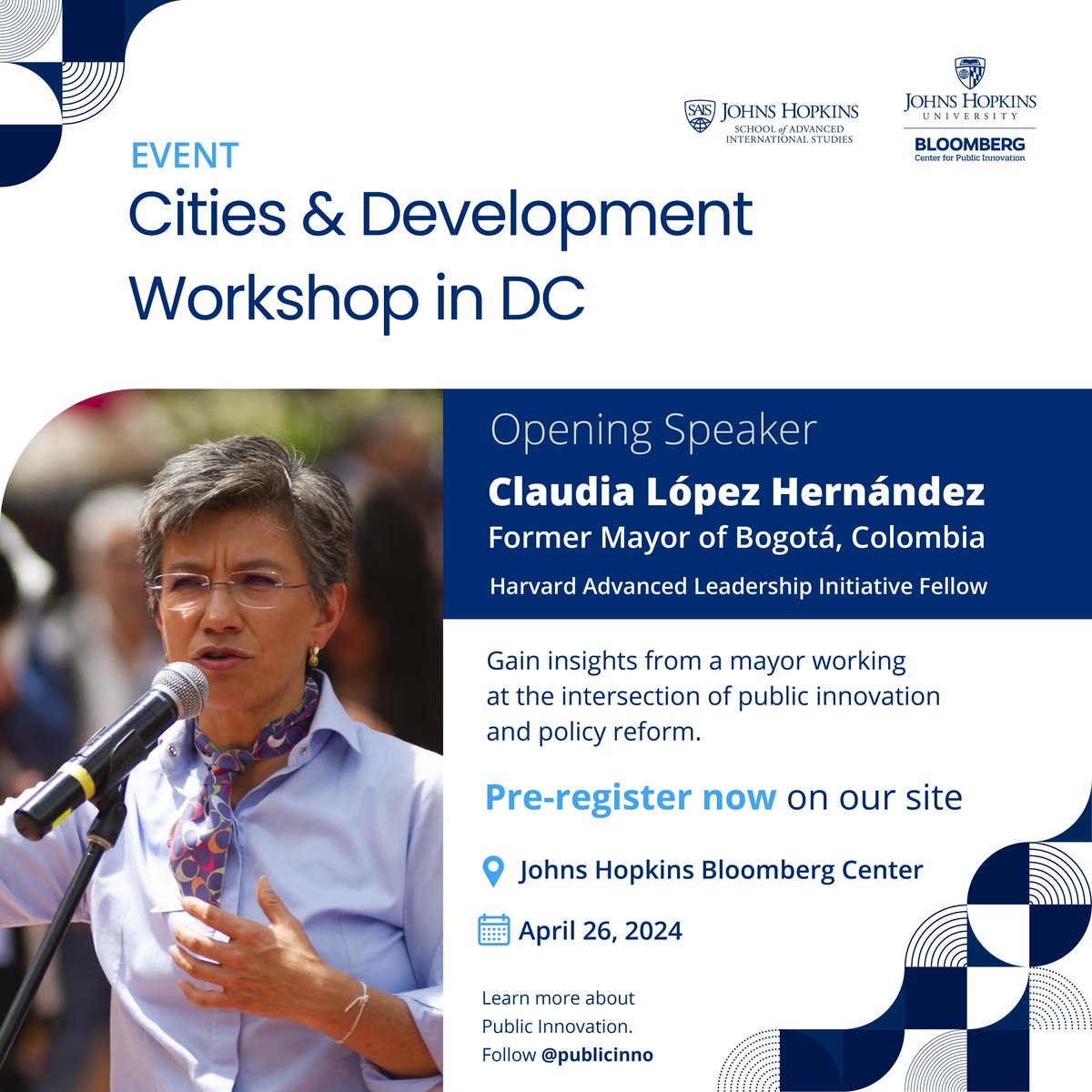 Thrilled that @ClaudiaLopez—Bogotá's first female Mayor, a #PublicInnovation + urban policy reform change-maker, & @Harvard Advanced Leadership Initiative Fellow—will speak at #CitiesAndDevelopment Workshop in DC! 🗓 Apr 26 @JHUBloombergCtr Join us! 🔗 hubs.ly/Q02sJBBy0