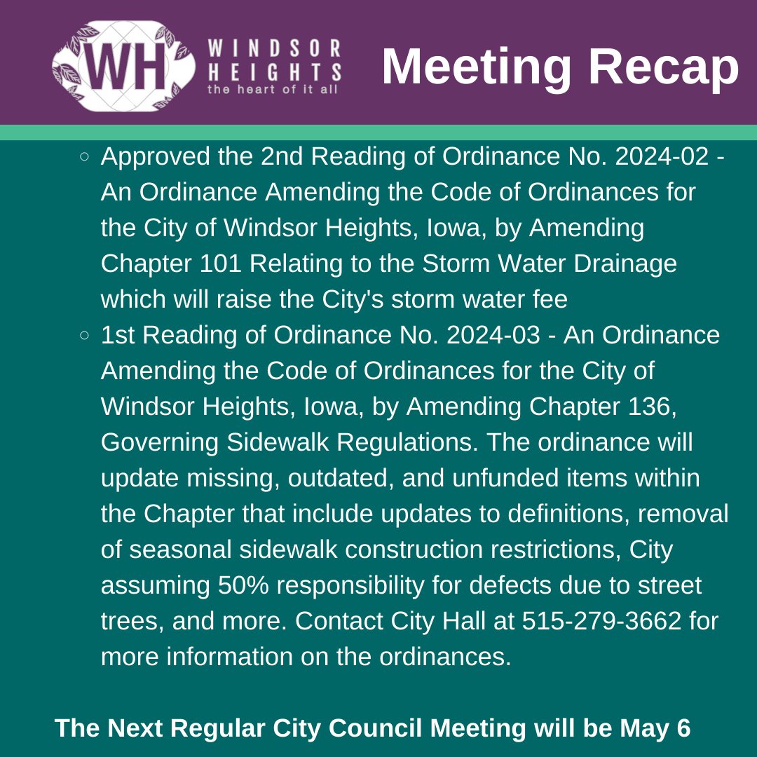 Here is a brief highlight of the April 15 City Council meeting. The recap is not minutes of the meeting. Minutes are considered and approved at the subsequent meeting. A recording of the Council meeting will be up shortly at youtube.com/@windsorheight…