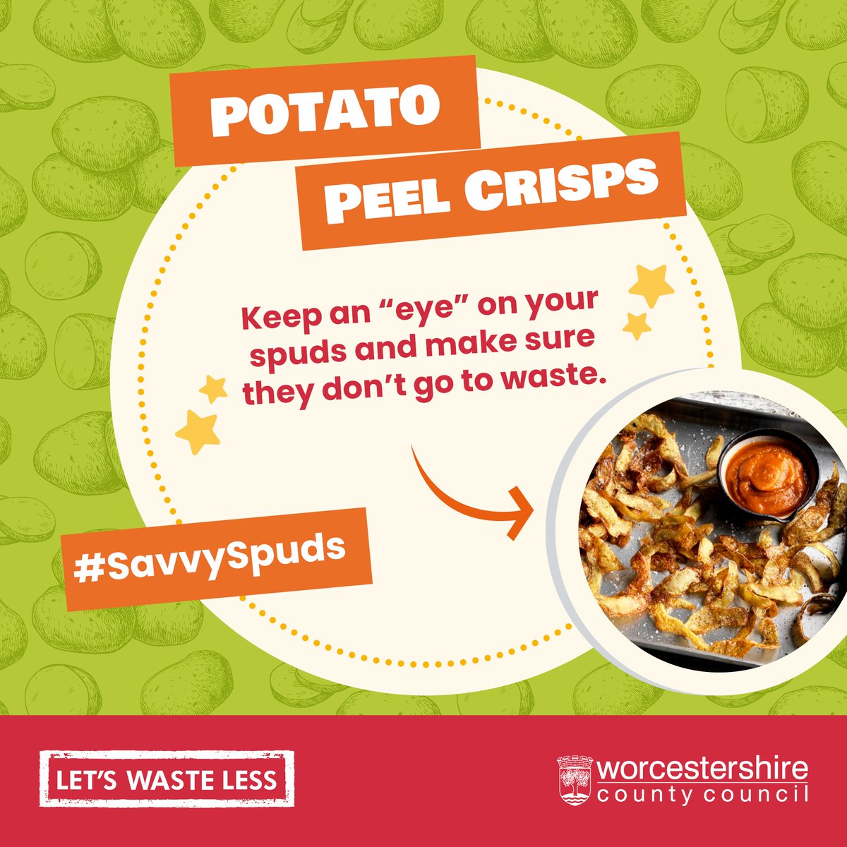 Got your 👀 on those potatoes? Don't toss them just yet! Pick the eyes out and they're good to go. Check out bit.ly/3N7Sa6o for tasty recipes. 🥔 Even the skins can be turned into crispy treats! #SavvySpuds #FoodSavvyWorcestershire #letswasteless #NoFoodWaste 🌱🥔