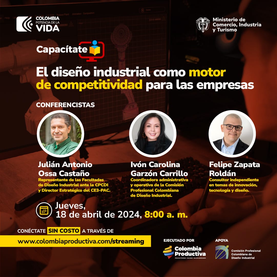 Cdisenoi's tweet photo. Los esperamos el 18 de abril 8am en #Capacítate de @Col_Productiva para abordar cómo el #DiseñoIndustrial promueve la #competitividad

https://t.co/BVL2BQOEi2 https://t.co/CcidtSOdFM