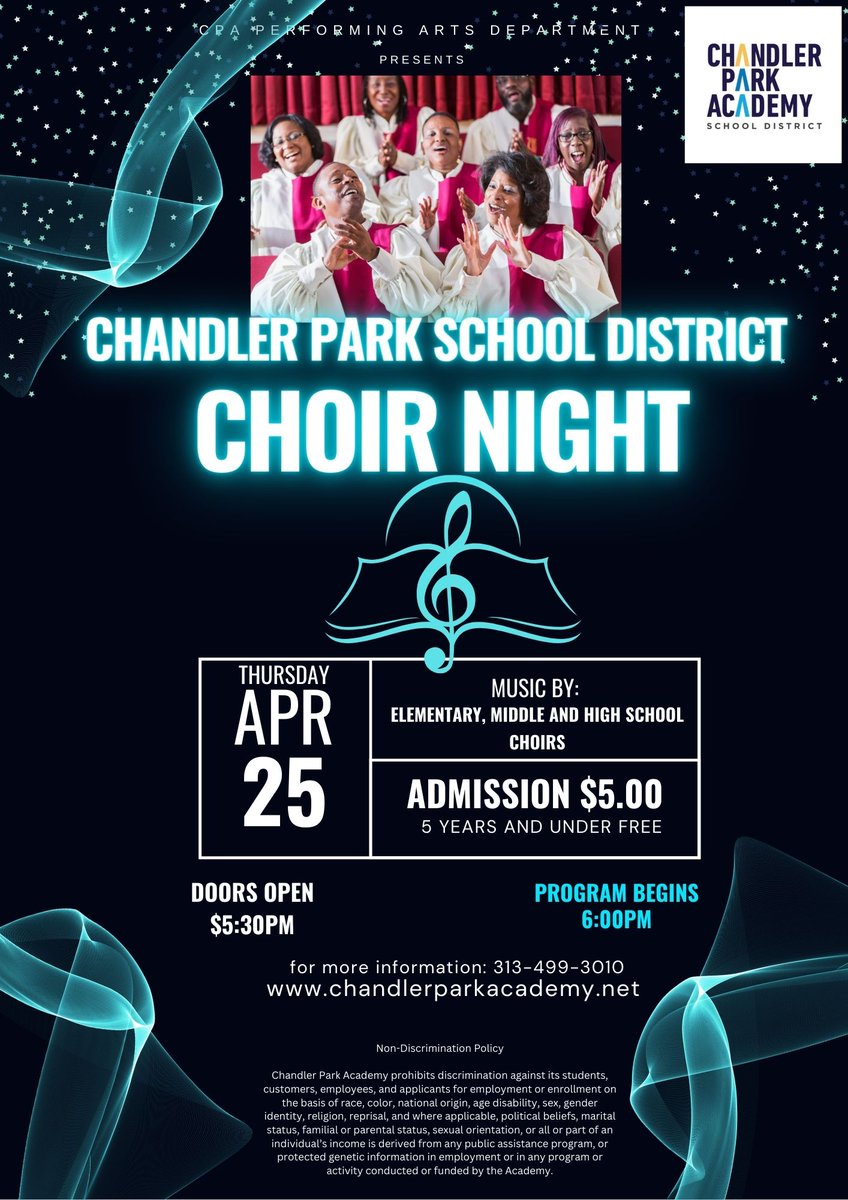Mark your calendar for April 25th: CPA's Choir Night is here. 🎵 Experience a showcase of our school's choirs from all age groups. Doors at 5:30 PM, show starts at 6:00 PM. Tickets $5, (5 and under enter free). Be there for the music! #CPAChoirNight #SchoolTalent #ChoirConcert