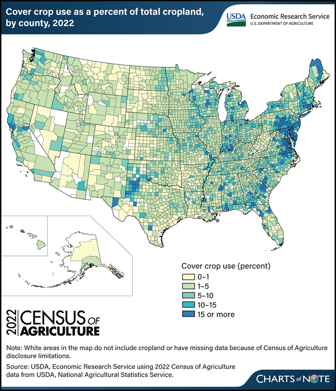 2022 Census of Agriculture: Cover crop use continues to be most common in eastern United States. Learn more in today's Chart of Note: ers.usda.gov/data-products/…. #AgCensus