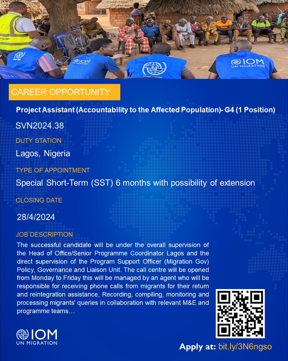 #Jobopportunities in Lagos!

Project Assistant (Accountability to the Affected Population) G4 - 1 Position

Human Resources Assistant G5 - 1 Position

Deadline: 28.04.2024

For more info scan the QR codes or see here: bit.ly/3N6ngso