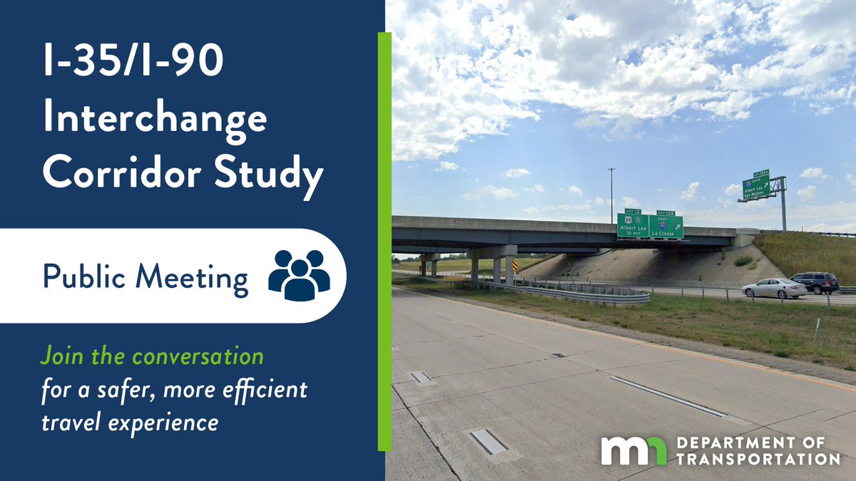 Stop by any time today (April 16), 4:30-6:30 p.m., at the Albert Lea City Hall to share your perspectives and observations. These early discussions will shape the plans developed for the I-90/I-35 interchange. Project info: talk.dot.state.mn.us/i-35-i-90-inte…