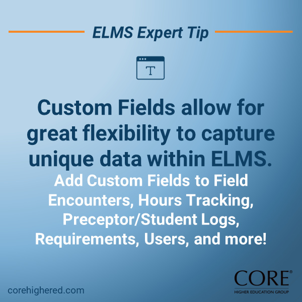 Custom fields allow for easy data capture for your unique program needs. There are a number of formats for custom fields including checkbox, text field, an upload, and a select menu. 

#COREHigherEd #TuesdayTips