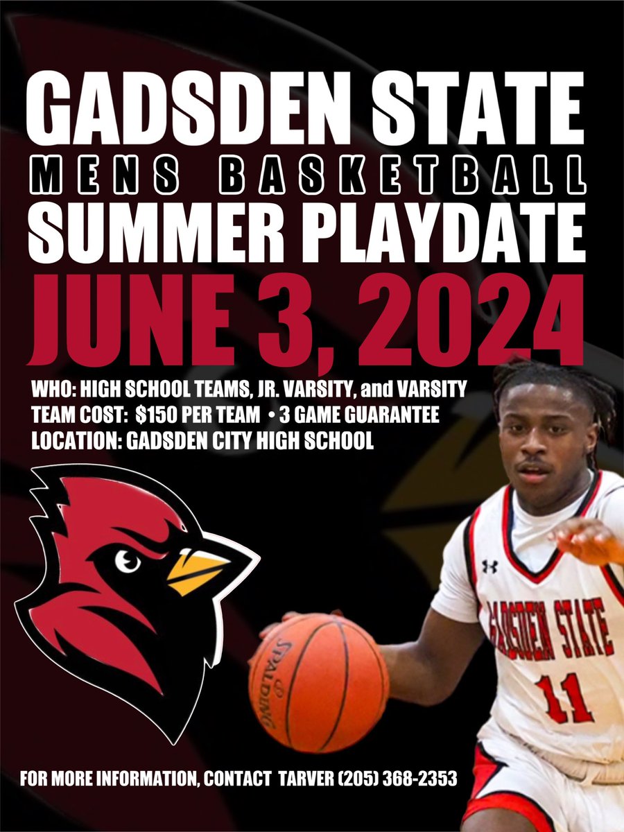 Gadsden City Boys Basketball program is collaborating with Gadsden State CC hosting a Summer basketball Play date June 3, 2024. We are looking for a few more programs to compete. If interested please contact rgraves@gadsdencityschools.org or 205-368-2353