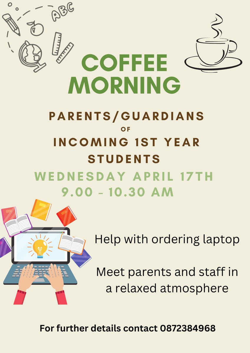 Coffee morning for parents of incoming 1st year 2024 students tomorrow at 9am. Assistance will be provided on the purchase of the digital device for your child next year. Please bring along proof of address, a form of ID and PPS number if you intend to complete the purchase…